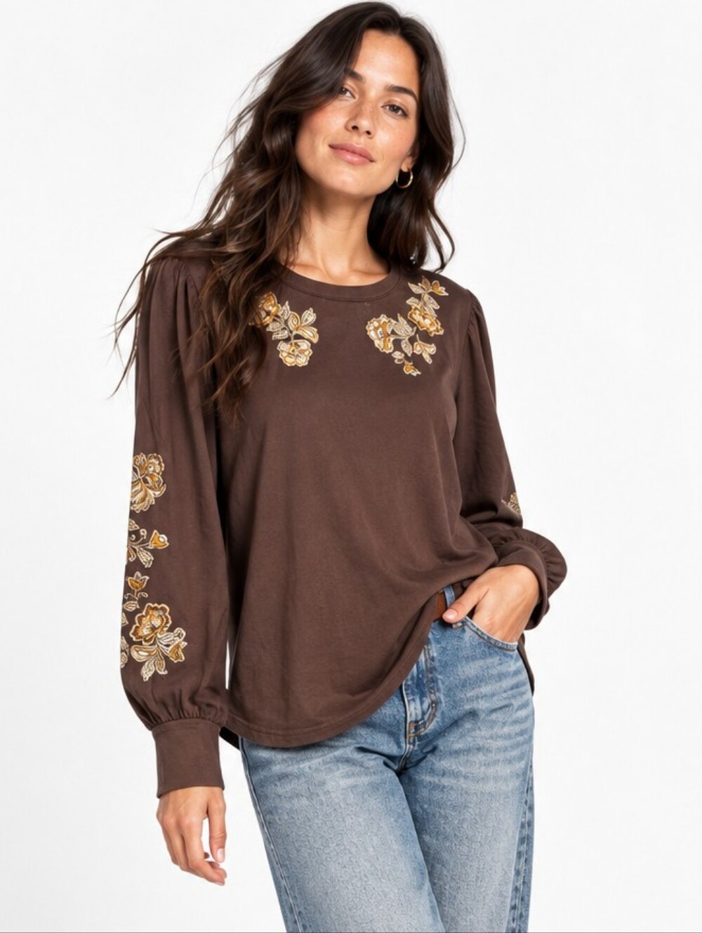 Driftwood Brown Floral Embroidered Cotton Boho Long Sleeve Top M
